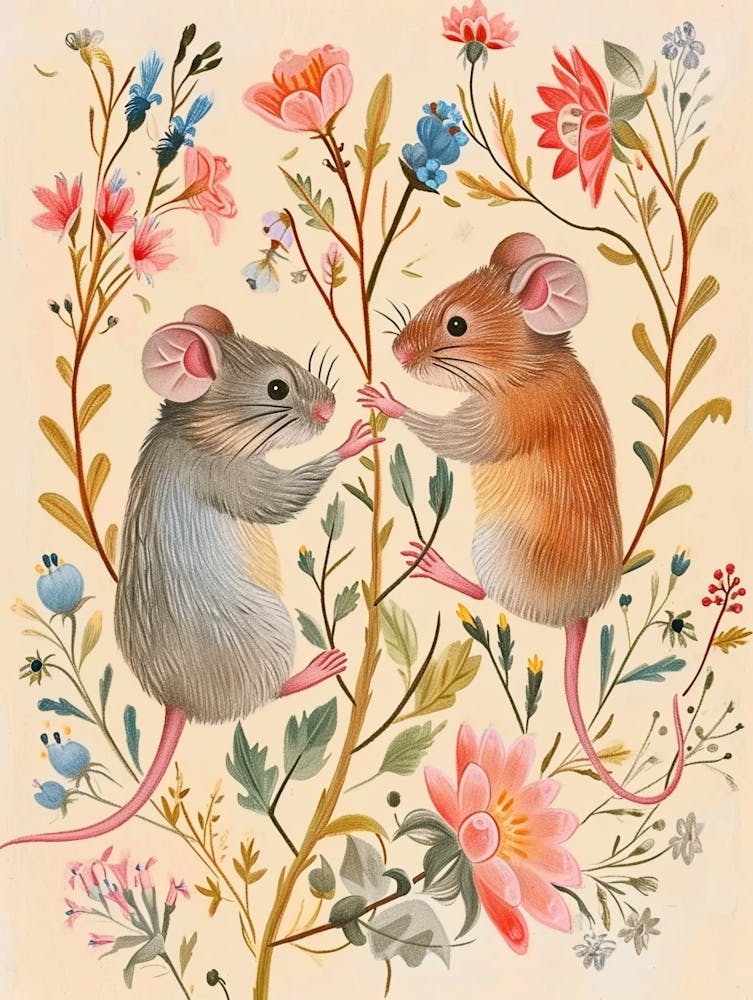Folksy Floral Animal Drawing Mouse 1