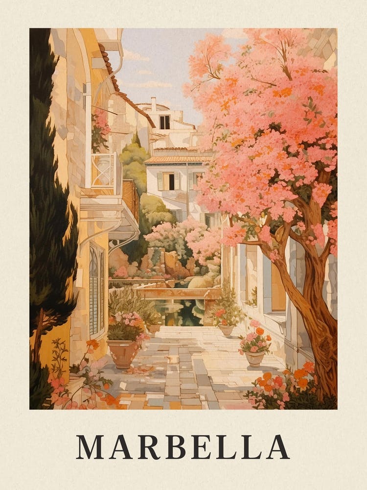 Marbella Spain 2 Vintage Pink Travel Illustration Poster