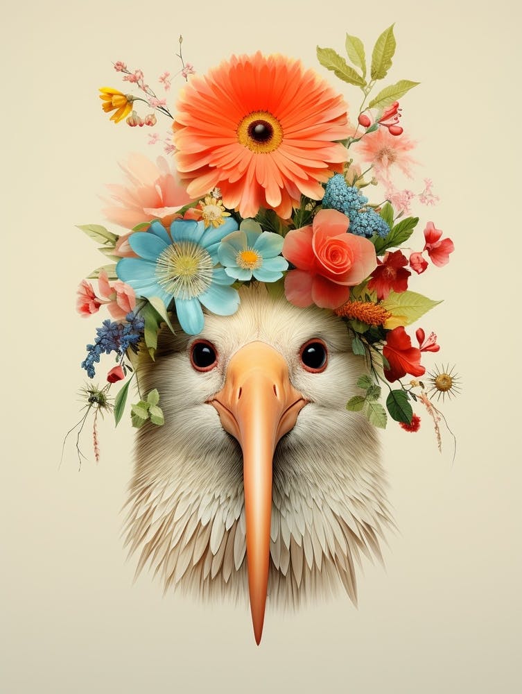 Bird With A Flower Crown Kiwi 1
