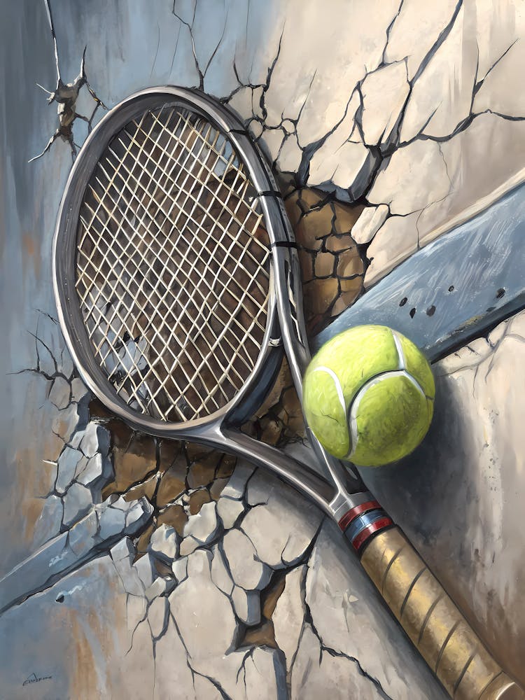 Tennis Racket and Ball Breaking Wall Oil Painting
