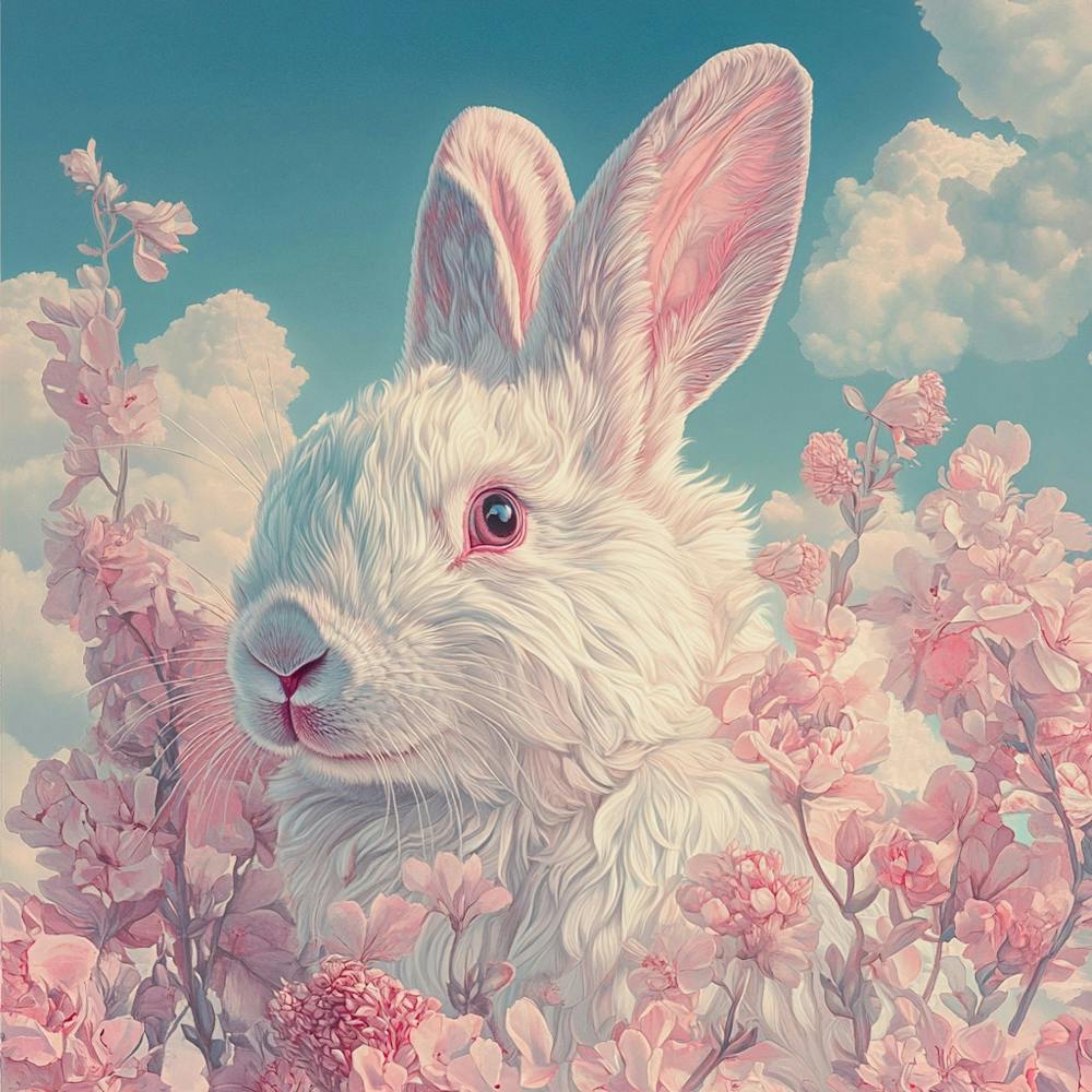 White Rabbit In Pink Blossoms