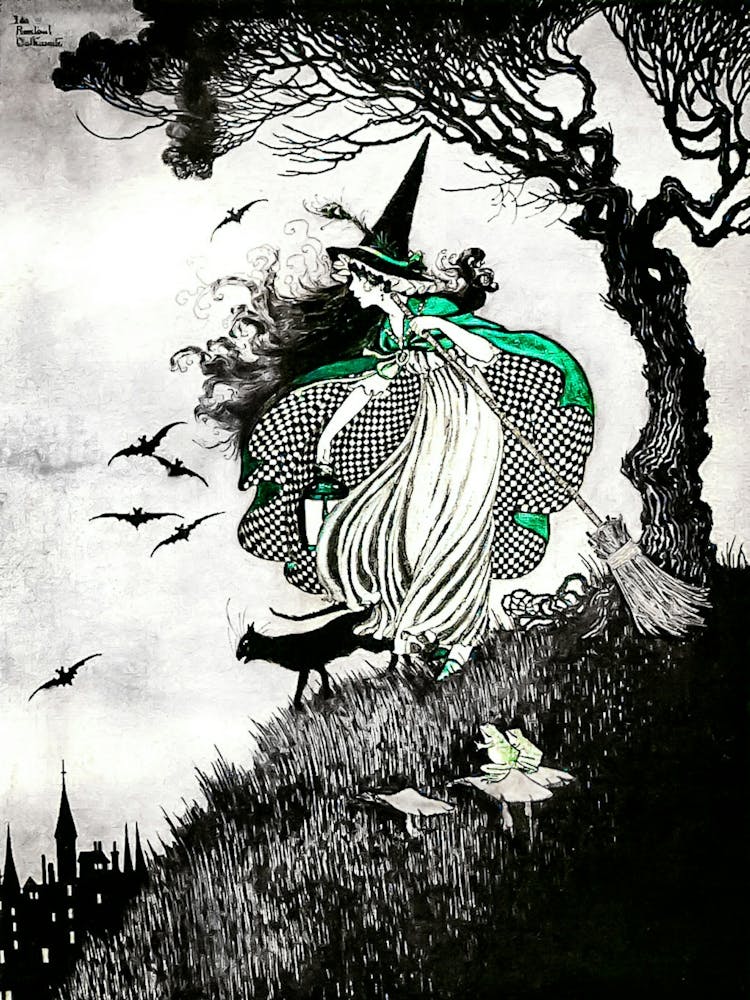 The Little Witch by Ida Rentoul Outhwaite - Remastered Illustration in Black and White - Green Witch With A Broomstick, Frog and Black Cat - Fairytale Vintage Victorian Witchcore Famous Witchy Cottagecore Fairycore