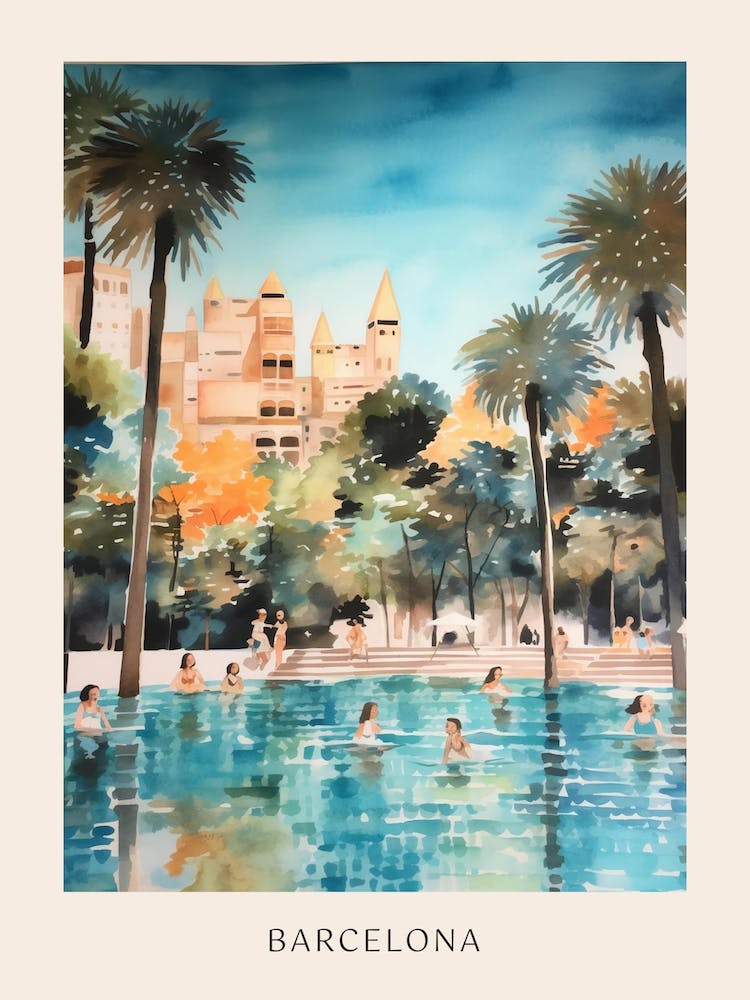 Swimming In Barcelona Spain 2 Watercolour Poster