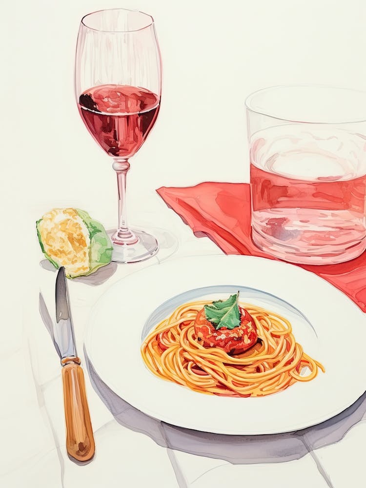 Watercolor Of Spaghetti And Wine