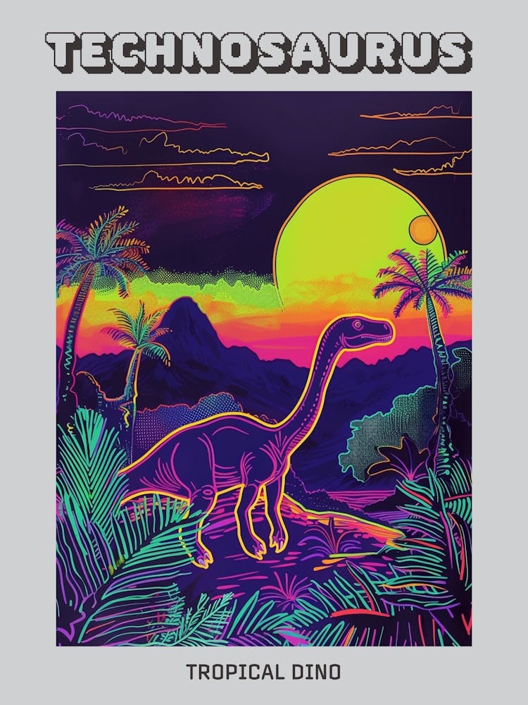 Neondinosaurier Mit Palmen In Einer Jurassischen Landschaft Poster