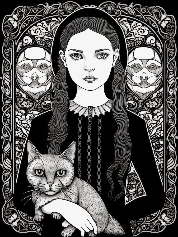Wednesday Addams And A Cat Line Art Noveau 2 Fan Art
