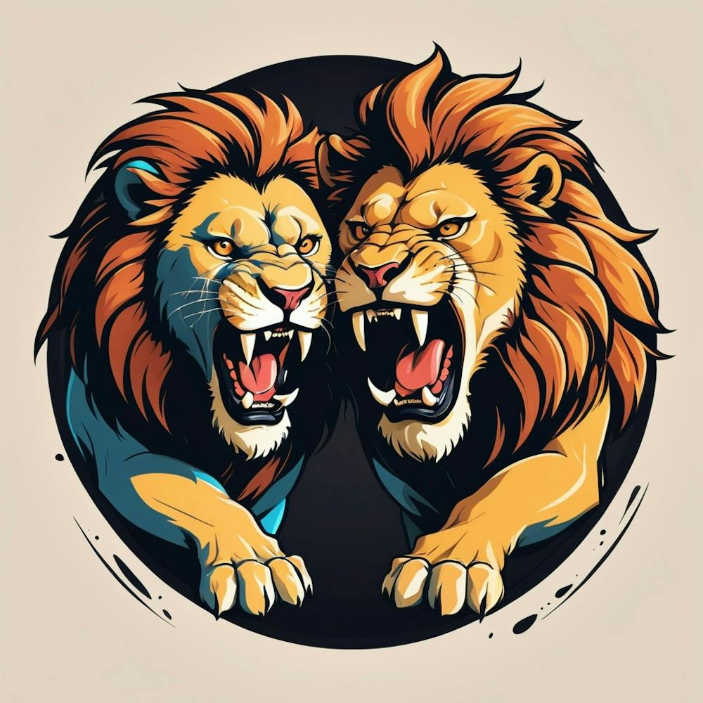 Deux Lions Mâles En Colère Rugissent Sur Logo Cercle