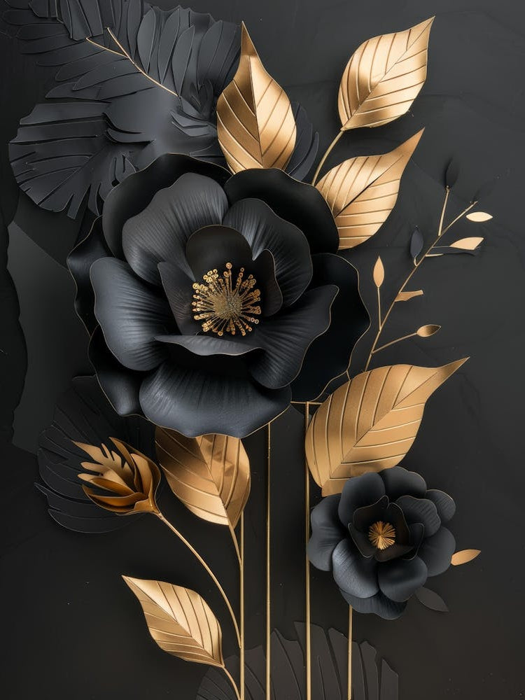 Black And Gold Flowers On Black Background