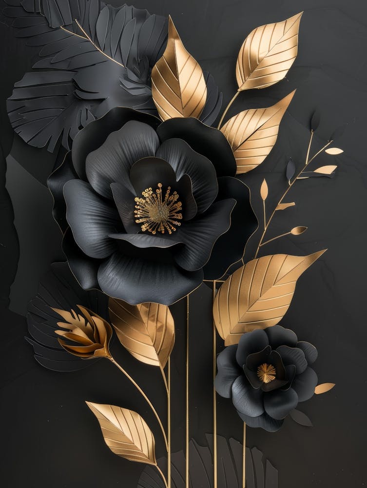 Black And Gold Flowers On Black Background