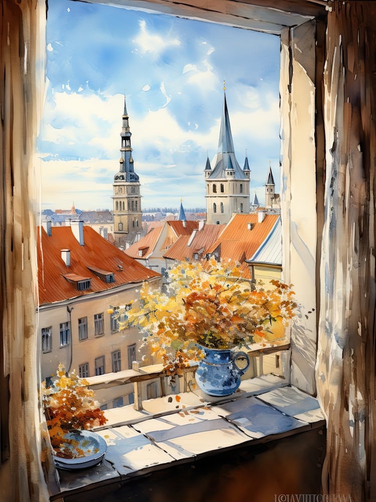 Window View Of Tallinn Estonia In Autumn Fall, Watercolour 1