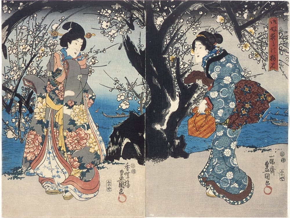 Enjoying Plum Blossoms In The Evening By Utagawa Kunisada