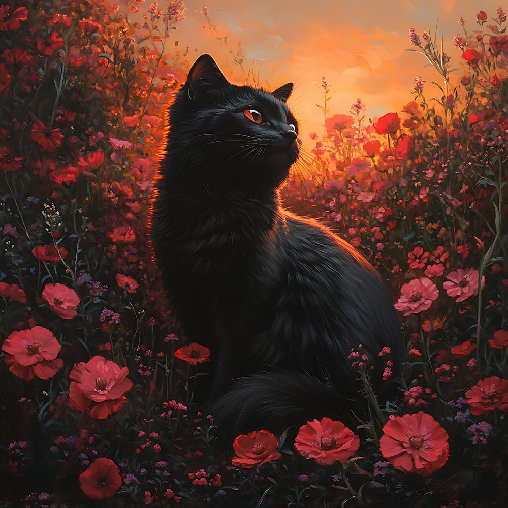 Black Cat in a Floral Sunset Garden 6