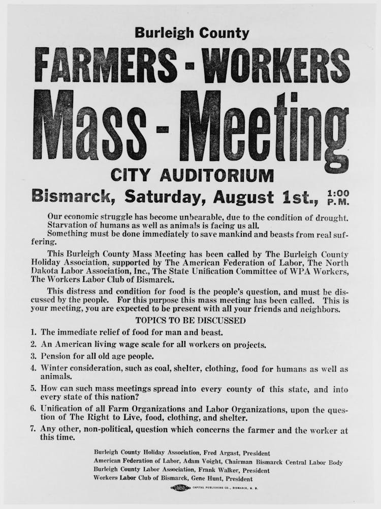 Mass Meeting Poster, Burleigh County, North Dakota By Russell Lee