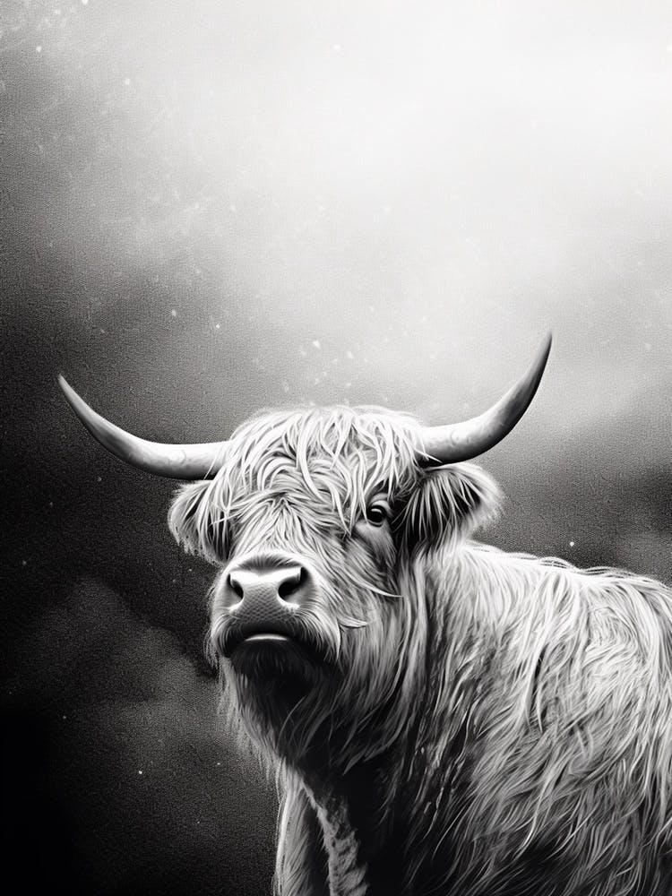 Textures Black & White Ink Illustration Of Highland Cow