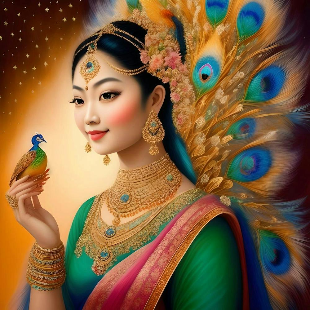 Peacock with beautiful lady