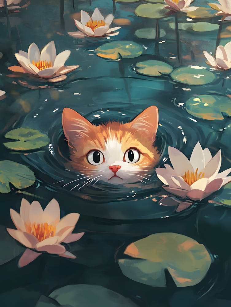 Cute Cat Swimming Among Water Lilies 2