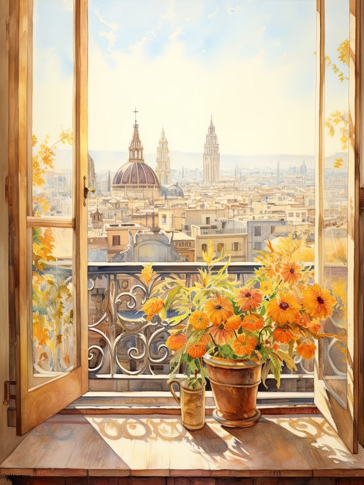 Window View Of Barcelona Spain In Autumn Fall, Watercolour 2