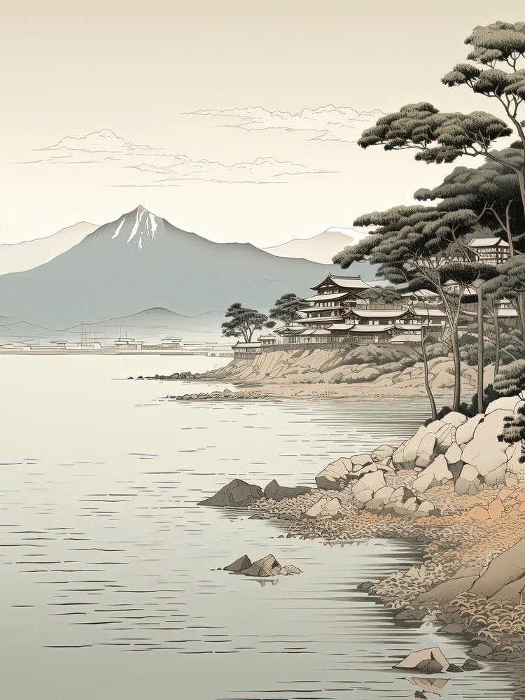 Lake Biwa In Shiga, Ukiyo E Black And White Line Art Drawing 4