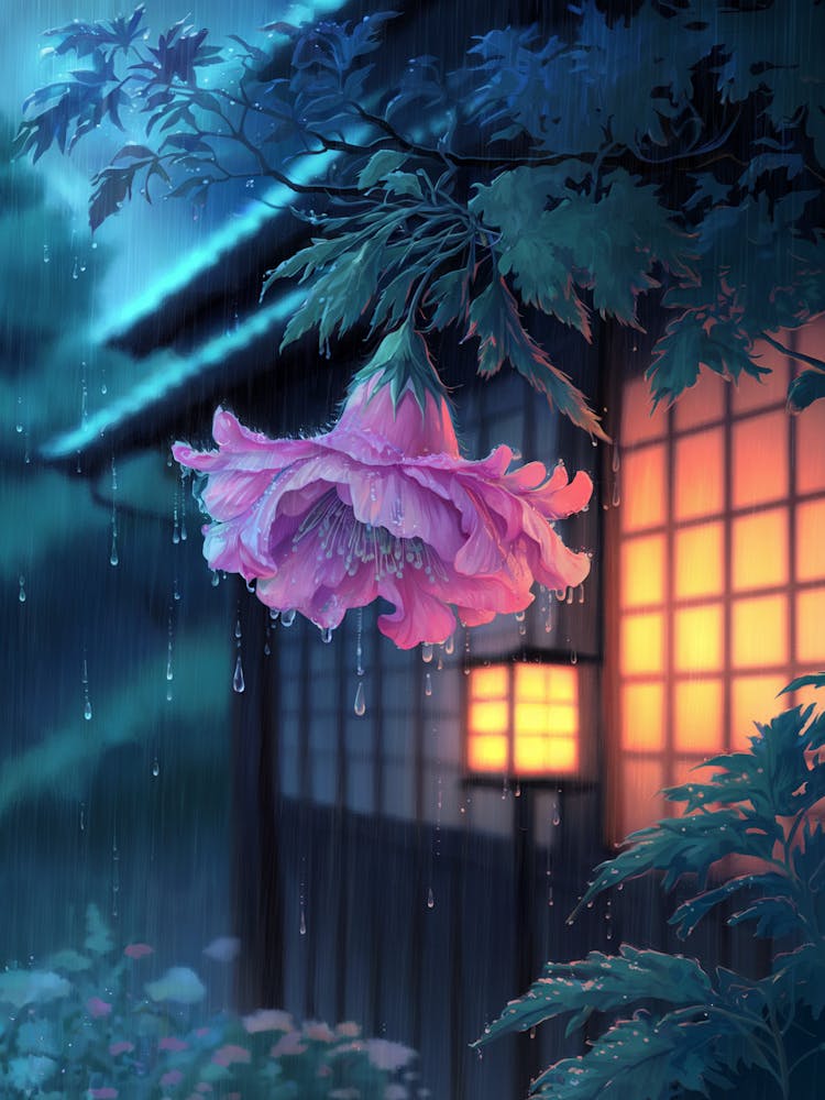 Anime Canvas Art: Vibrant Pink Flower with Raindrops in a Rainy Night Setting, Warm Lantern Glow, and Lush Leaves, Perfect for Lofi Aesthetic and Tranquil Ambience.