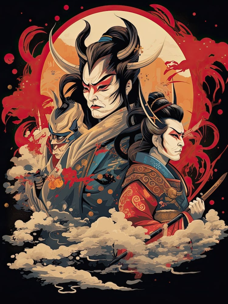 Samurai Noh And Kabuki Theater Style Illustration 2