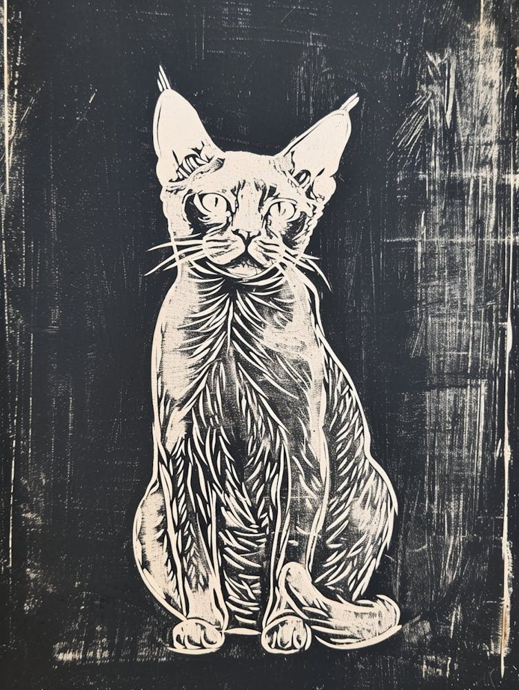 Selkirk Rex Cat Linocut Blockprint 5
