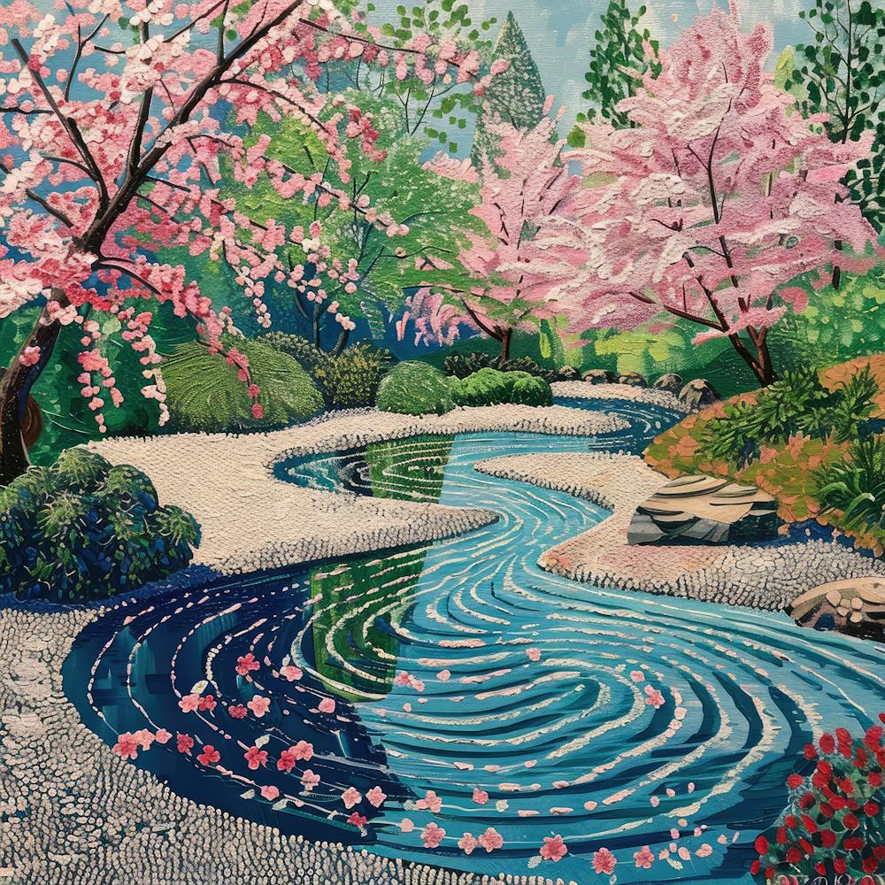 Japanese Zen Garden in Spring Series. Style of David Hockney