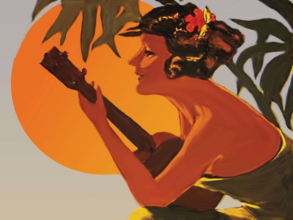 Hawaii, Hula Girl Plays Ukulele On Sunset