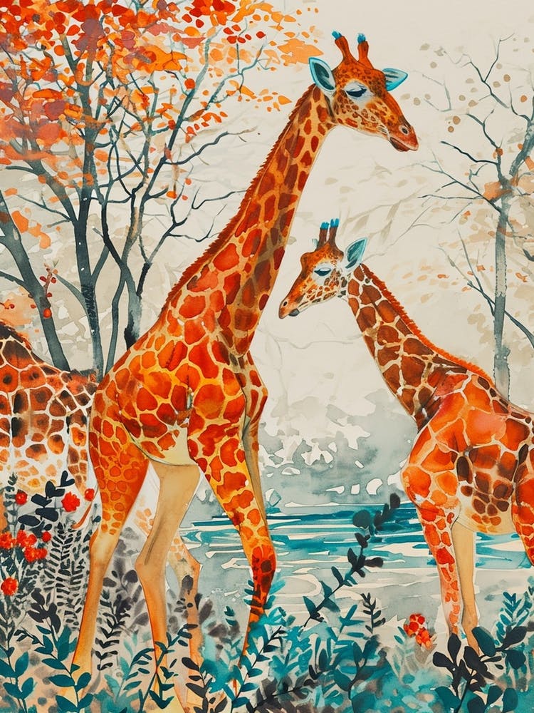 Giraffe & Calf In The Leaves Orange Tones