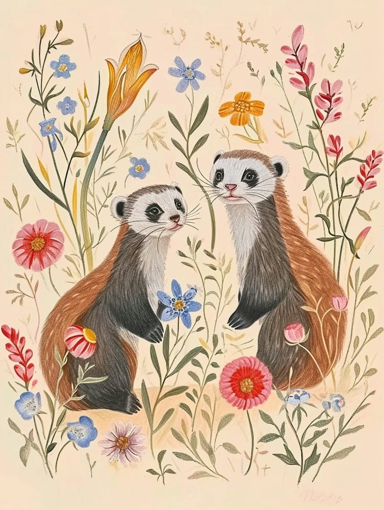 Folksy Floral Animal Drawing Ferret