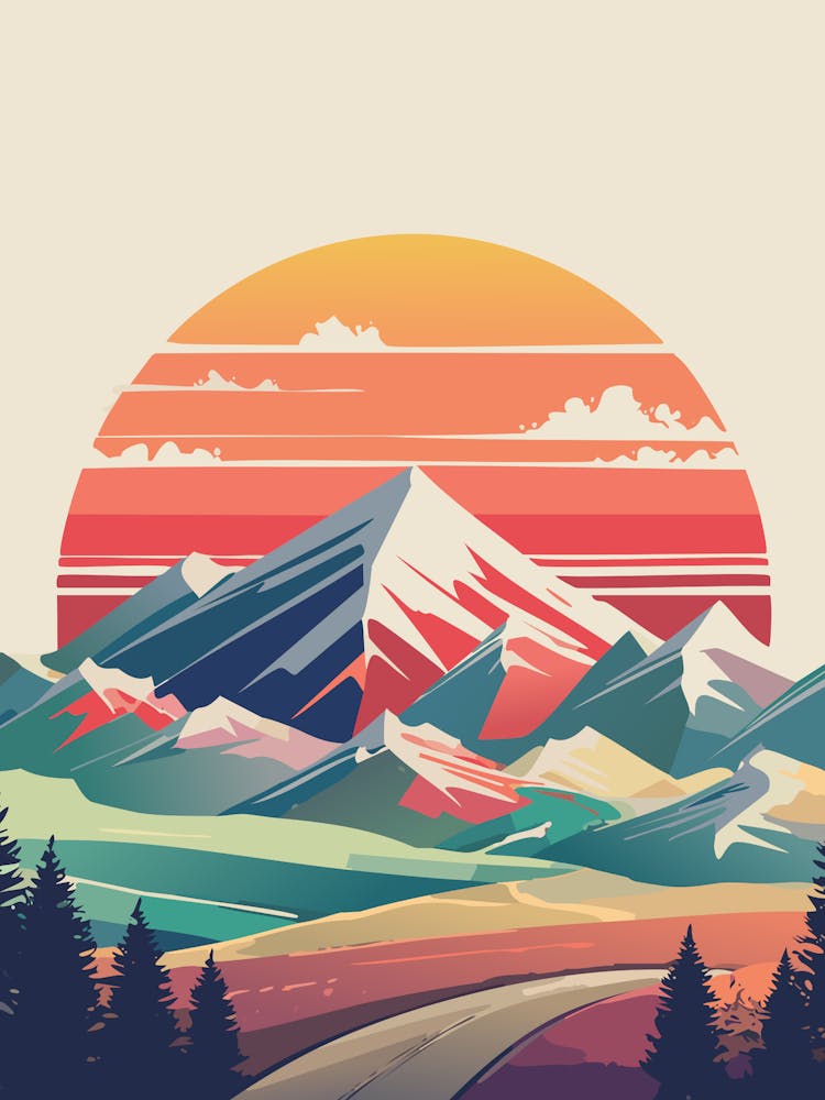 Retro Sunset Mountain Landscape Illustration