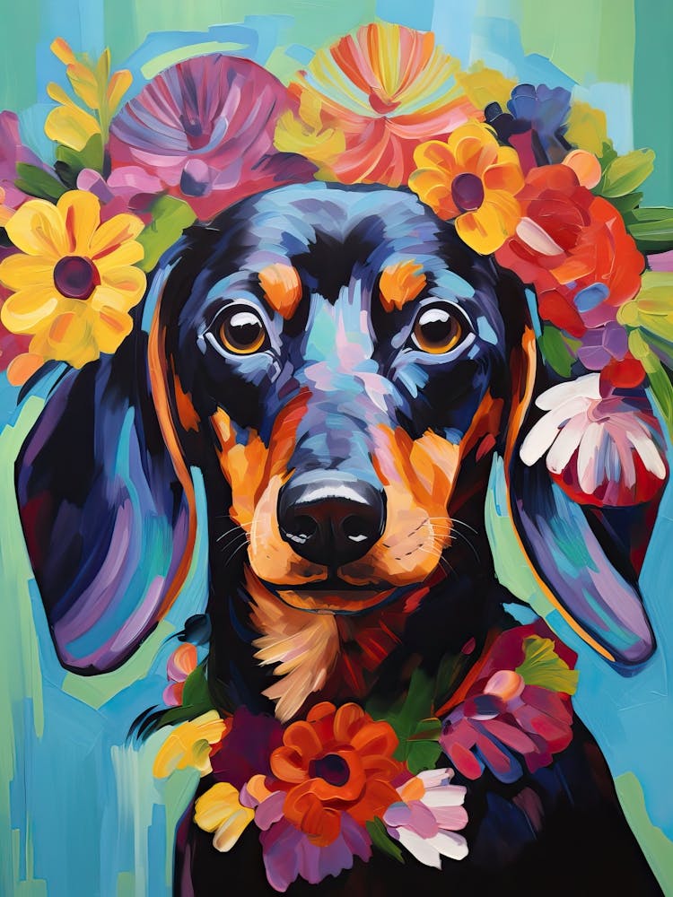 Dachshund Portrait With A Flower Crown, Matisse Painting Style 1