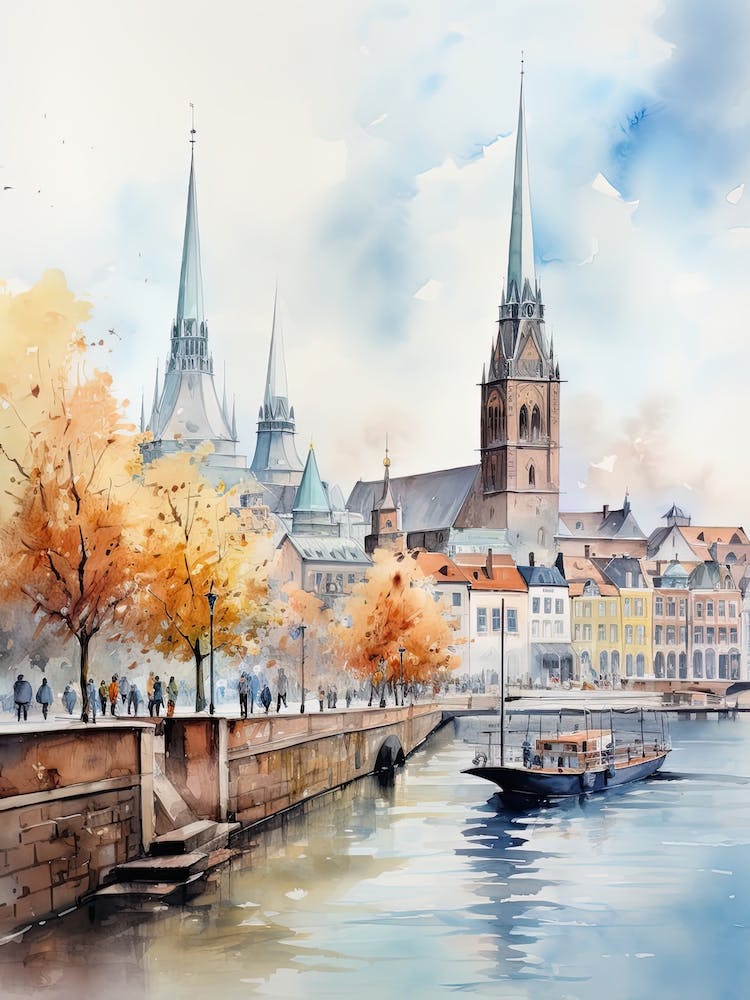 Hamburg Germany In Autumn Fall, Watercolour 3