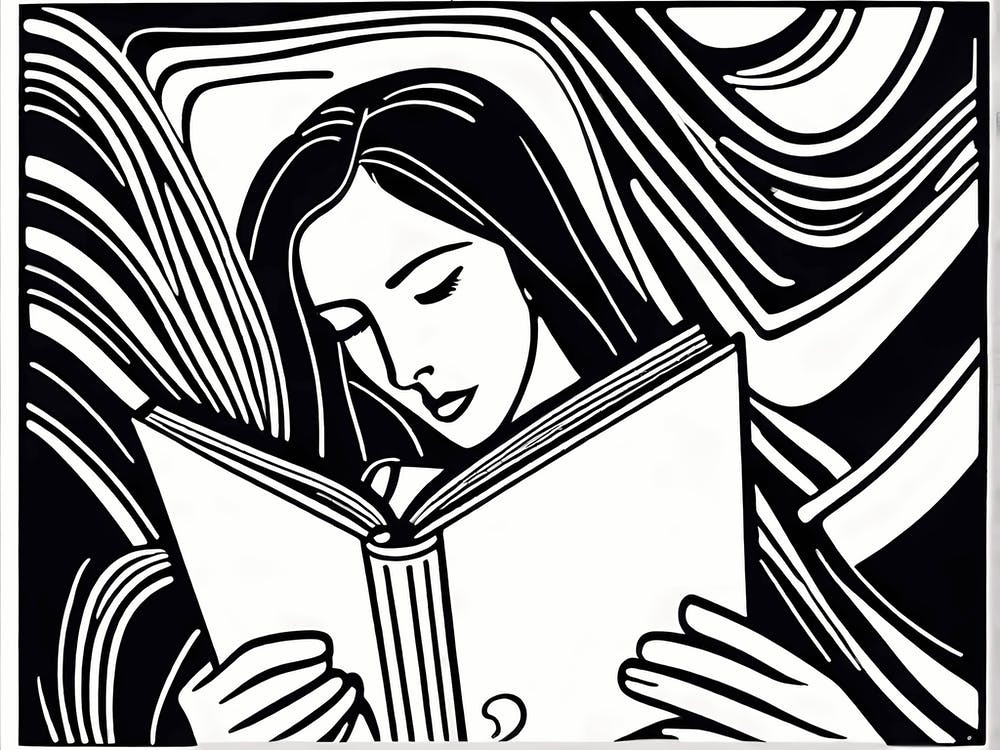 Just a girl who loves to read, Lion cut inspired Black and white Stylized portrait of a Woman reading a book, reading art, book worm, Reading girl, 195