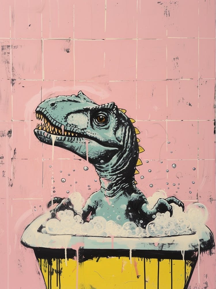 Dinosaur In The Bubble Bath Pastel Pink Abstract Illustration 1