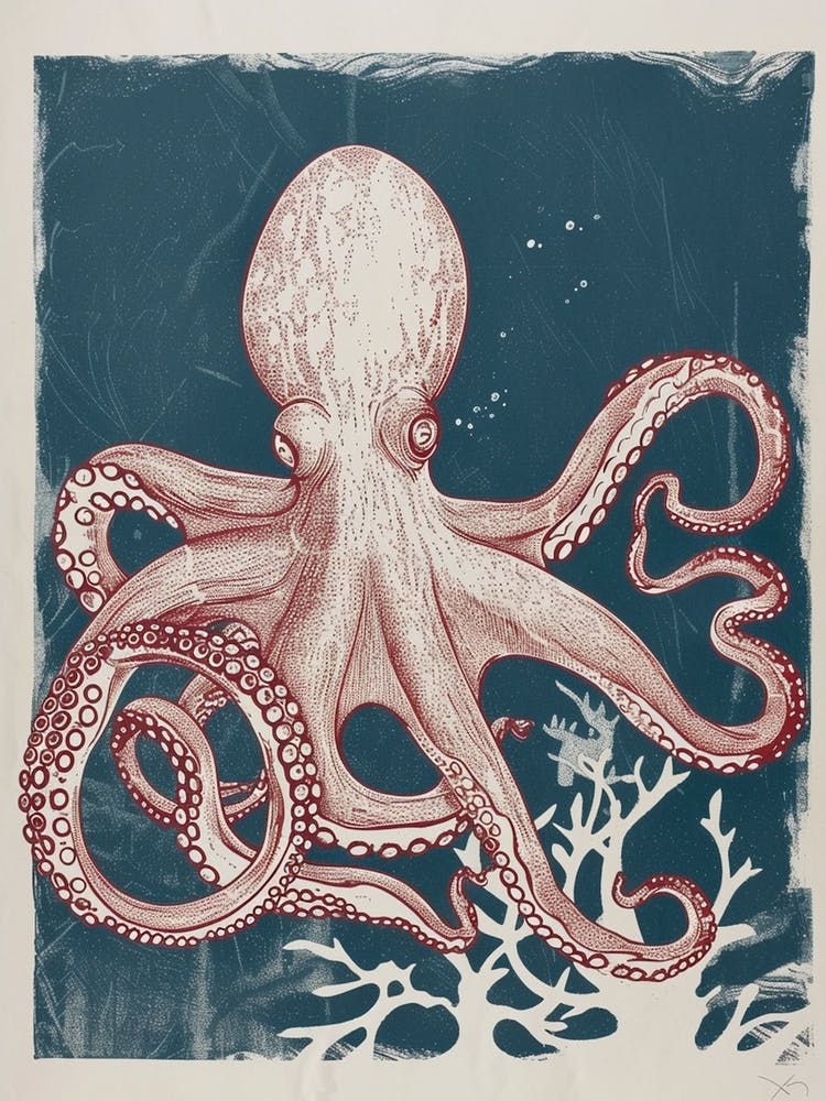 Detailed Octopus On The Ocean Floor Linocut Inspired 6
