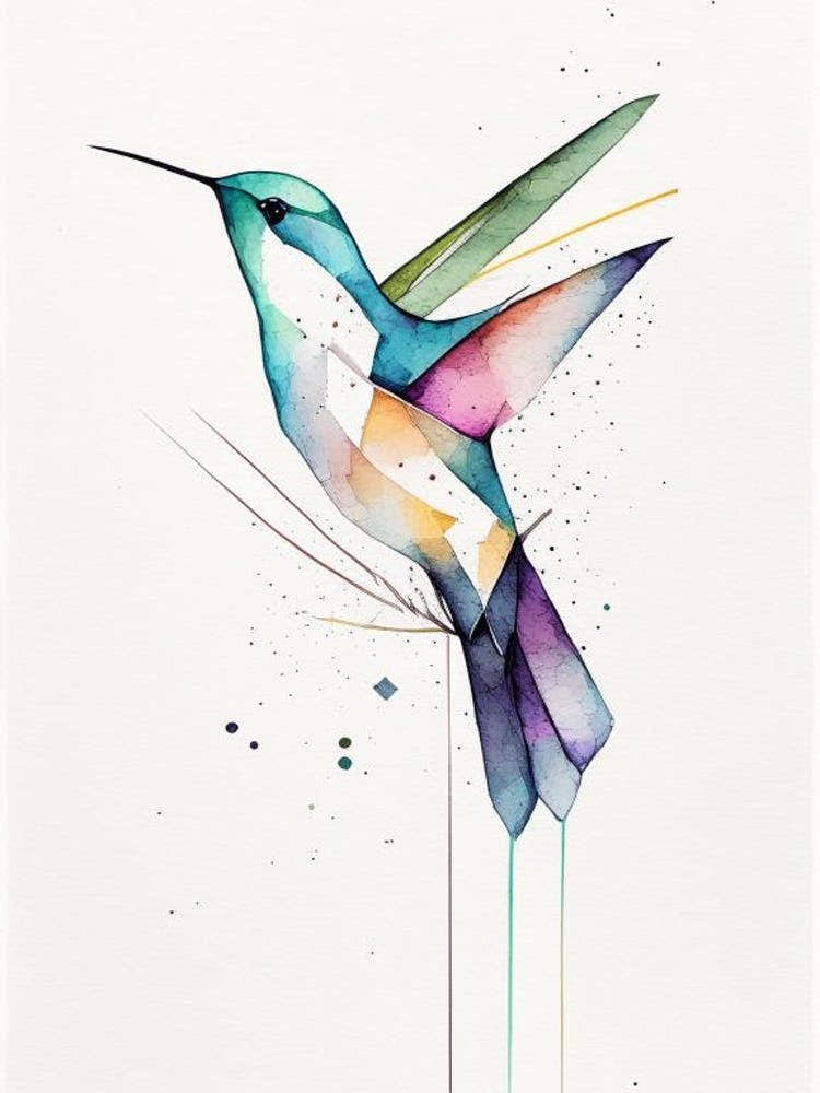 Hummingbird And Geometric Shapes Minimalist Watercolour