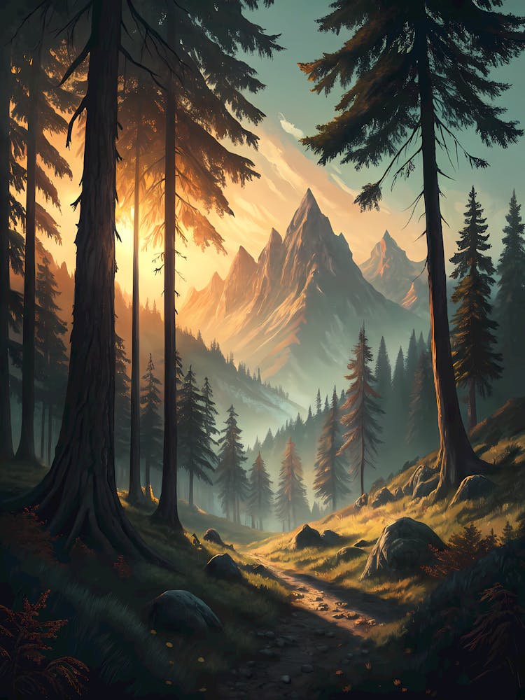 Dunkler immergrüner Wald mit goldenem Sonnenuntergang hinter P