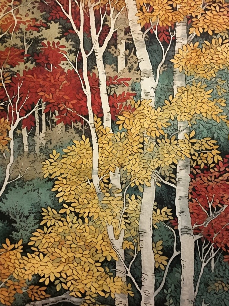 White Birch 2 Vintage Autumn Tree Print 