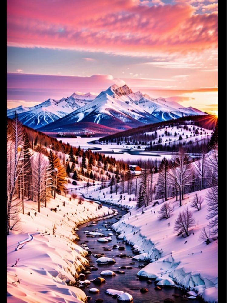 Snowy Mountains At Sunset
