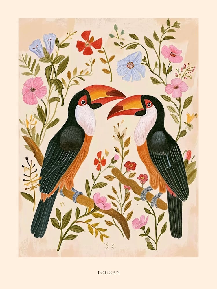 Folksy Floral Animal Drawing Toucan 4 Poster
