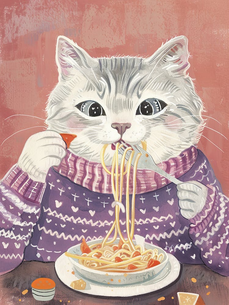 Grey Cat Eating Pasta Folk Illustration 4