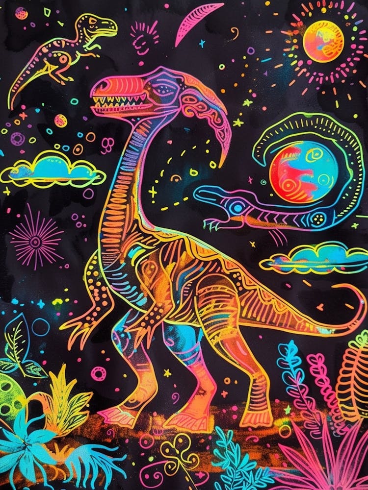 Colourful Dinosaur Neon Line Illustration 1