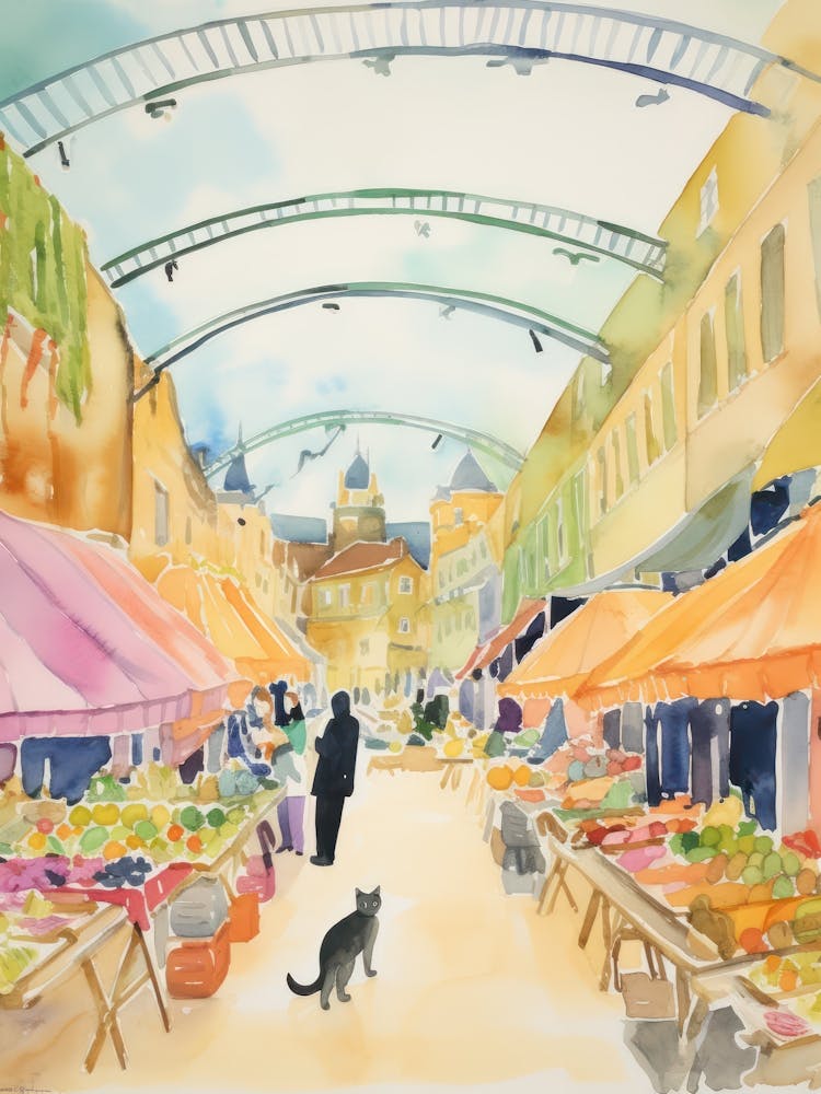 Marché Alimentaire avec Chats dans le Bain 2 Aquarelle