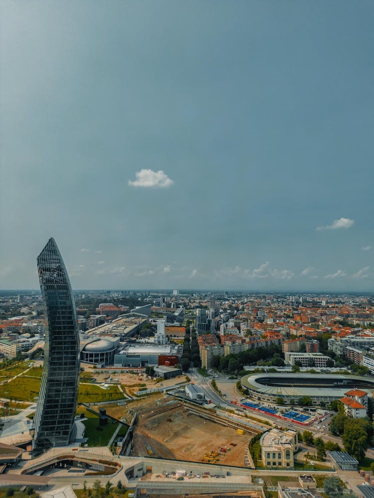Cityscape of Milan drone vertical photography