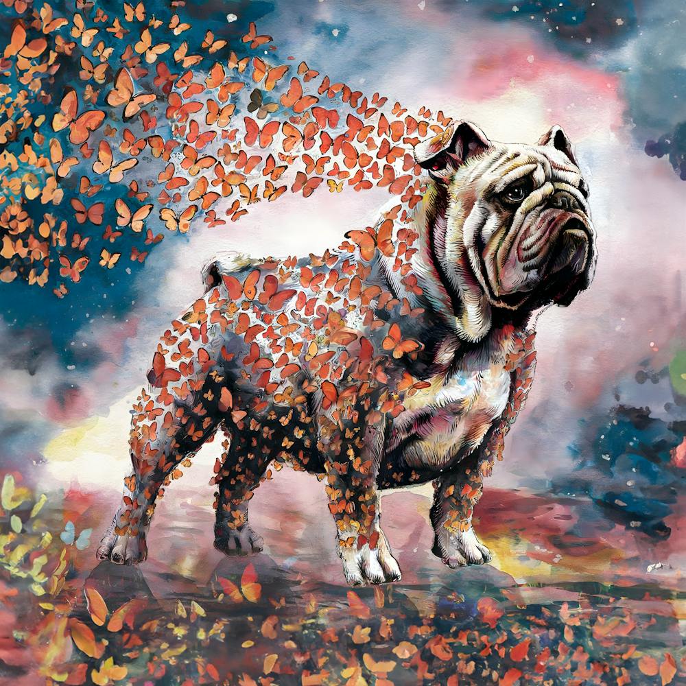 Bulldog avec Papillons - Aquarelle