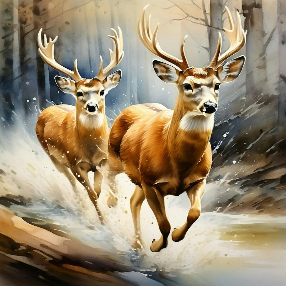 The Design Of Two Small Deer Running Fast Her Hair Fluttering Watercolor Trending On Artstation 1