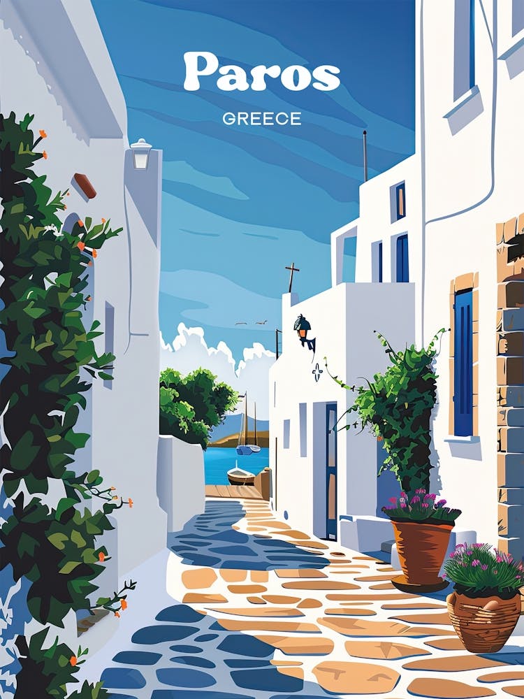 Paros Greece Streetview Digital Travel Illustration