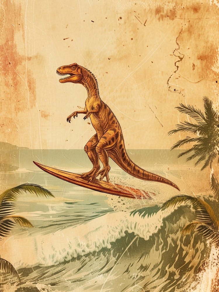 Vintage Utahraptor Dinosaur On A Surf Board 2