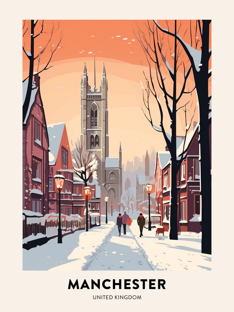 Vintage Winter Travel Poster Manchester United Kingdom 7