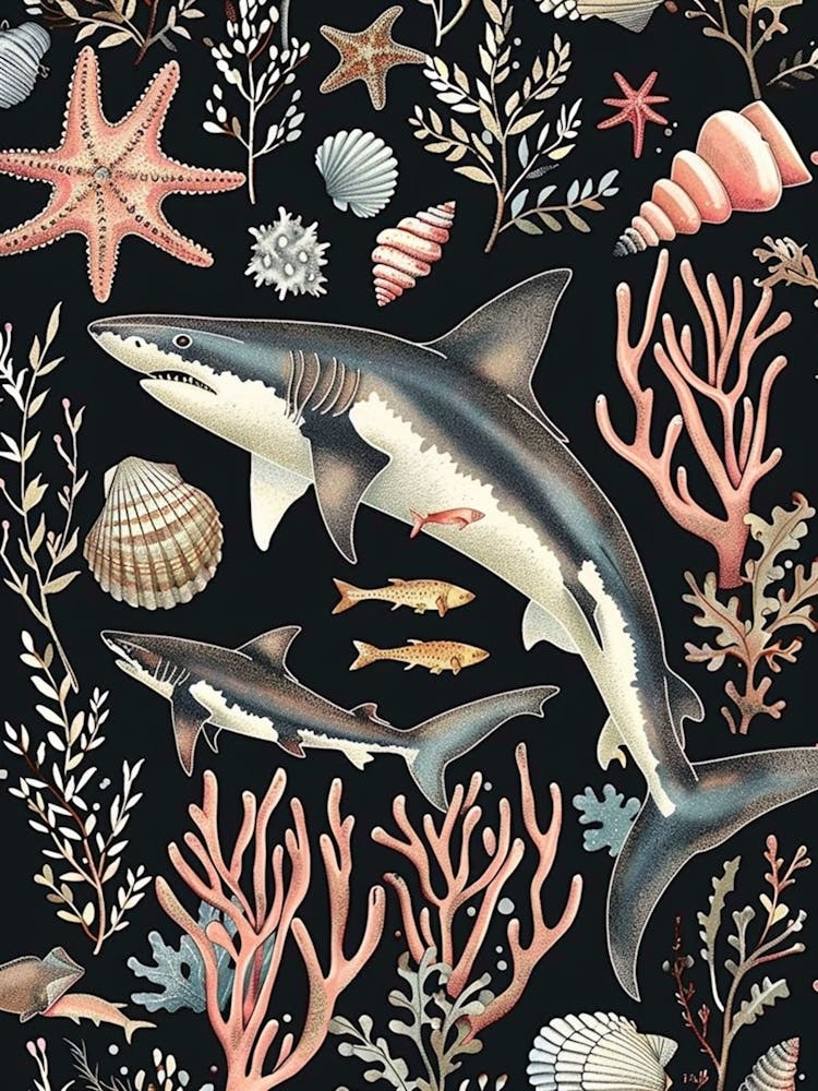 Mako Shark Seascape Black Background Illustration 1